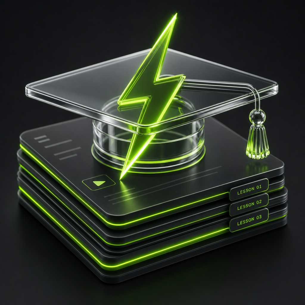 Voltora Academy Learning Management System - lightning bolt through glassmorphic graduation cap sitting on digital tablet lessons