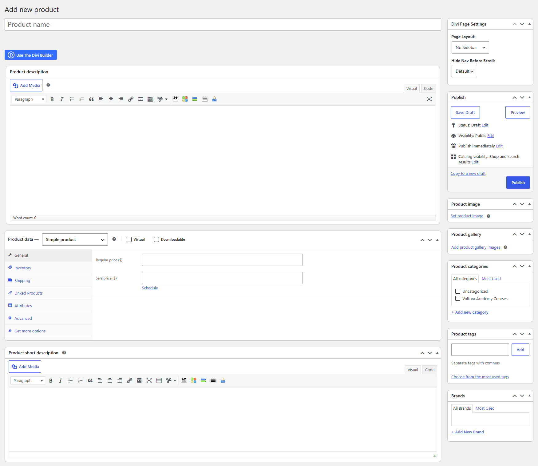 WooCommerce add new product screen showing product title, description, product data, short description, image, gallery, product category, tags and brand.
