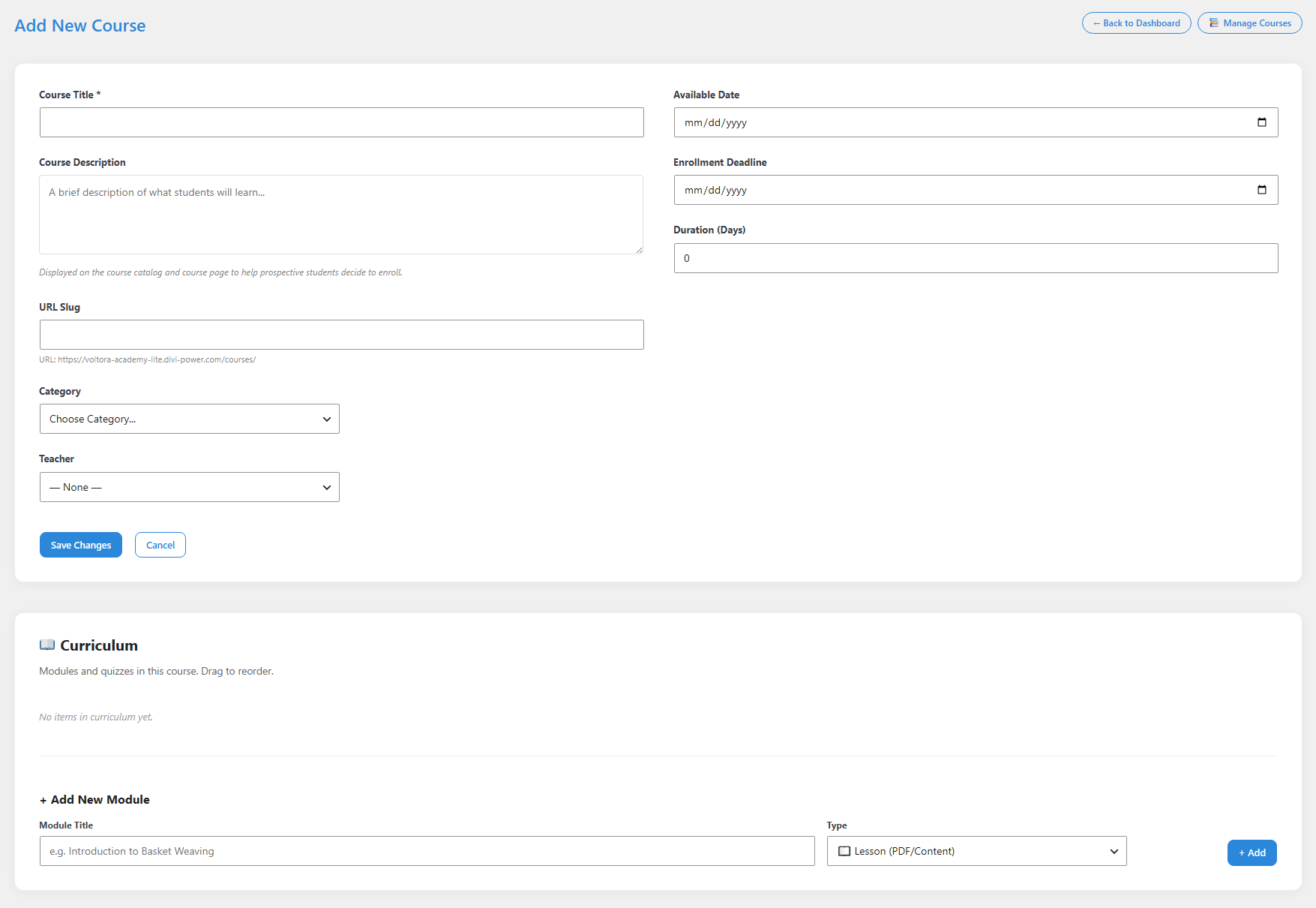 The Add New Course screen showing fields for Course Title and Course Description, schedule dates, duration, category, and teacher on the right, with a Curriculum section below for adding modules.