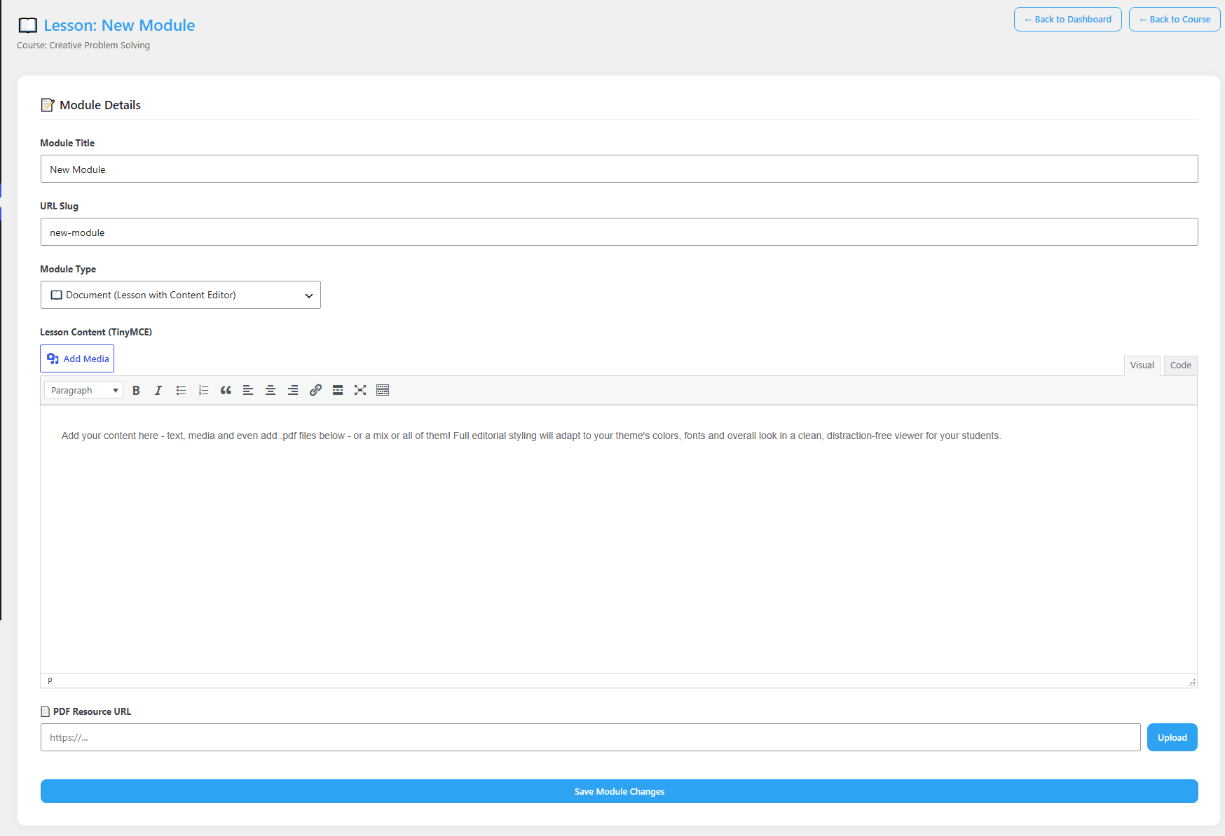 The New Module lesson screen showing Module Details fields for Module Title, URL Slug, and Module Type set to Document, a Lesson Content editor with an Add Media button, and a Save Module Changes button.
