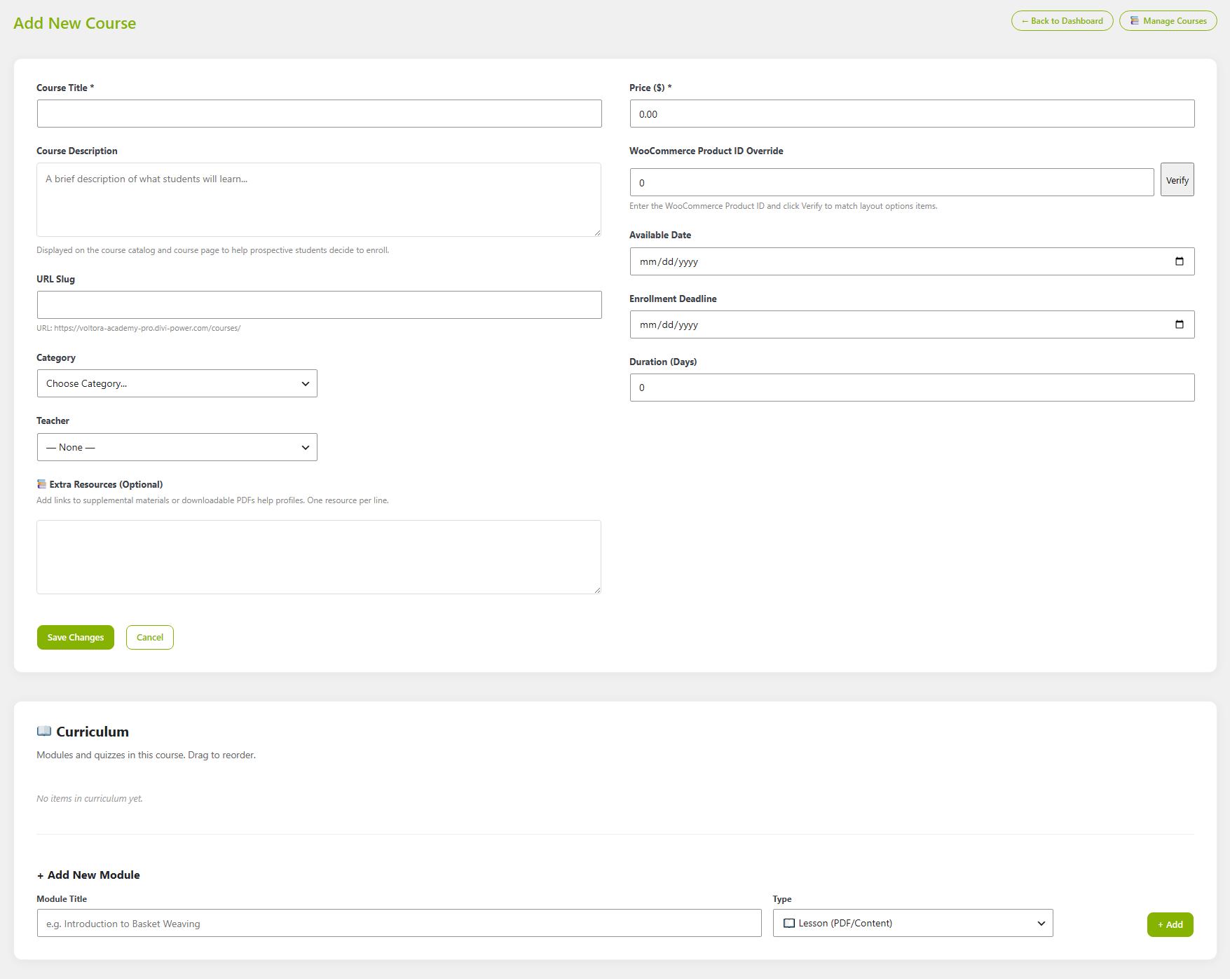 The Add New Course form showing an Extra Resources (Optional) text area with the helper text explaining one supplemental link or PDF per line.