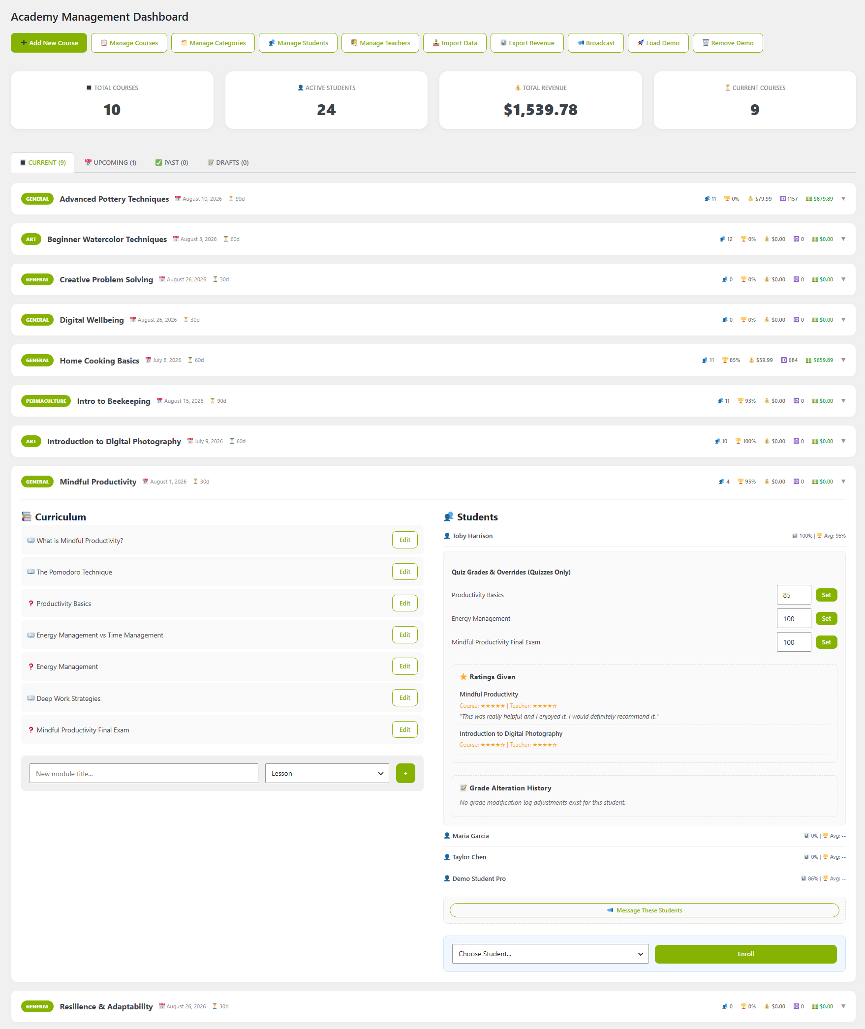 The Academy Management Dashboard showing a Total Revenue card of $1,539.78 and each course's price and total revenue in its stats row and rating in the student drilldown.