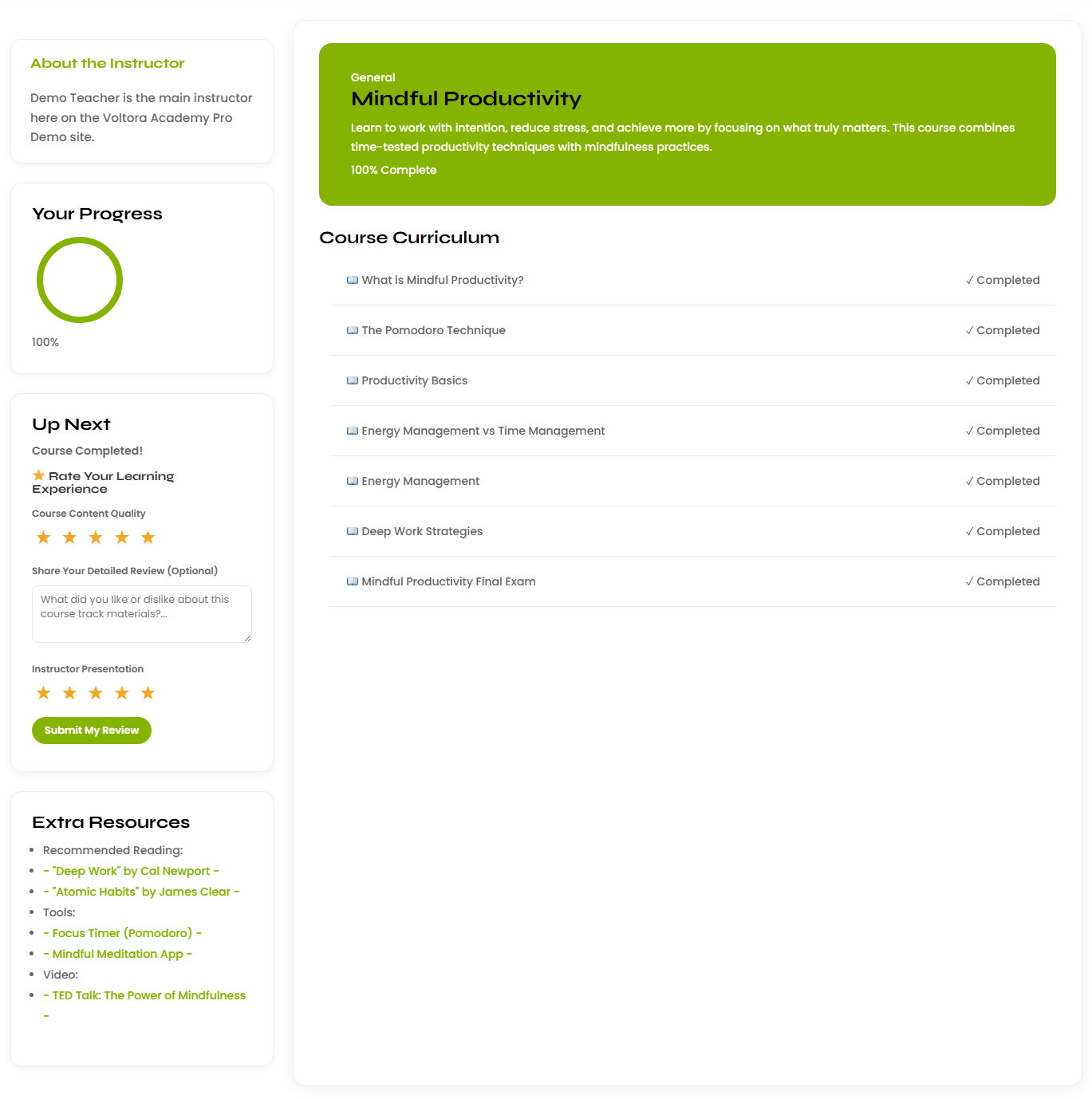 A completed course hub showing a Course Rating of three out of five stars and an Instructor Rating of five out of five stars in the Up Next panel.