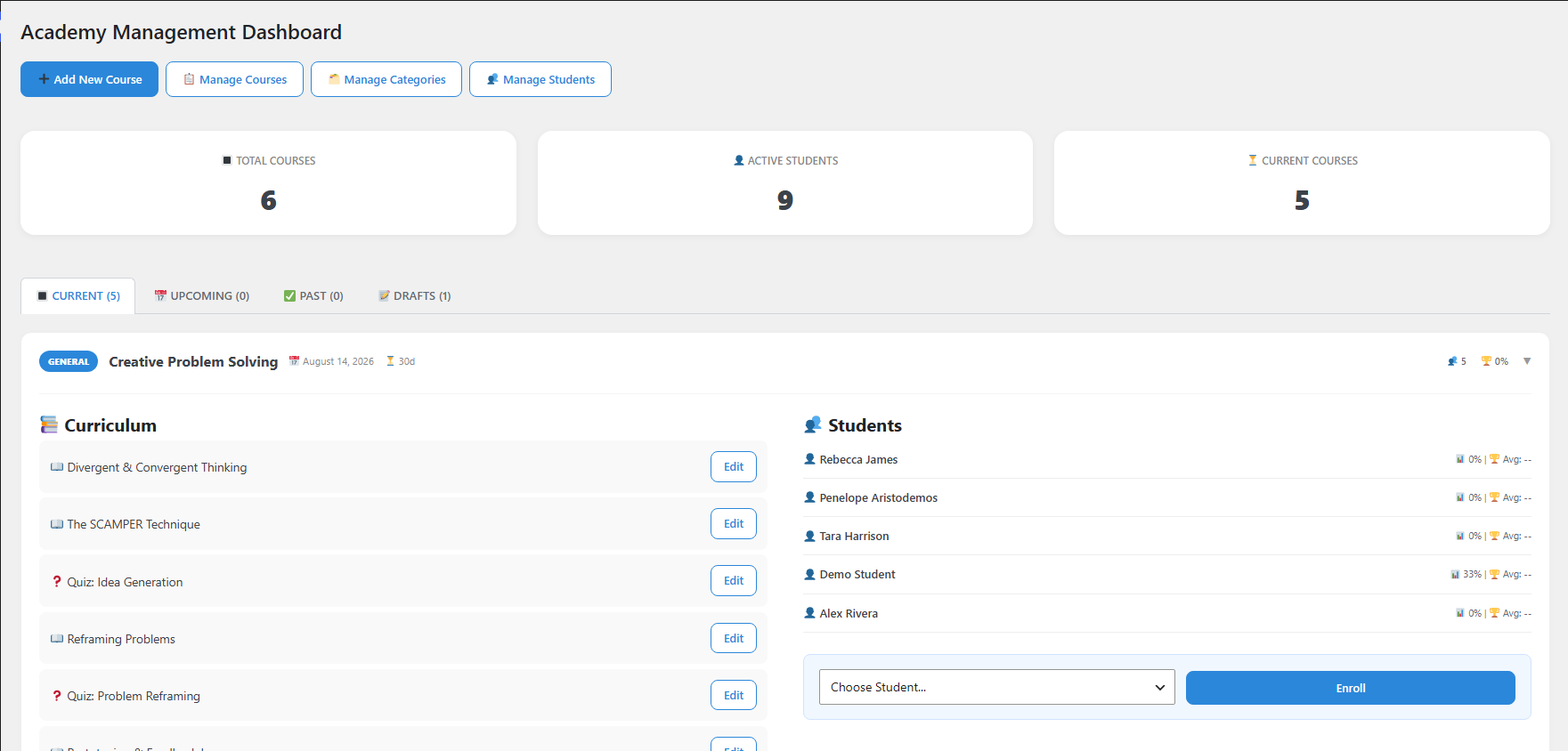 The main dashboard with a course open, showing the student-side enrollment area on the right with a student dropdown and an Enroll button.