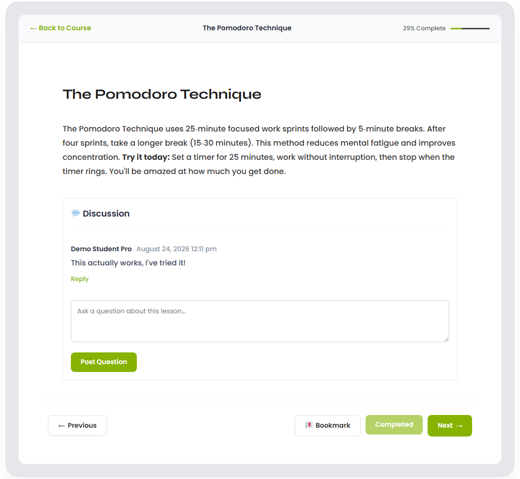 Voltora Academy Pro tablet lesson viewer with bookmark button and threaded discussions.