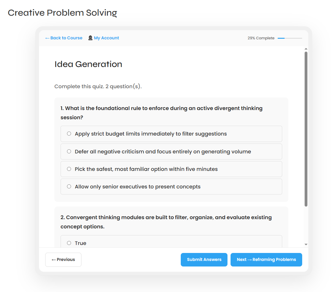 A published quiz page with the quiz title, question text, radio-button answer choices, and Previous, Submit Answers, and Next buttons.
