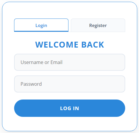 The Login screen with Username or Email and Password fields, a Log In button, and a Register tab for new accounts.
