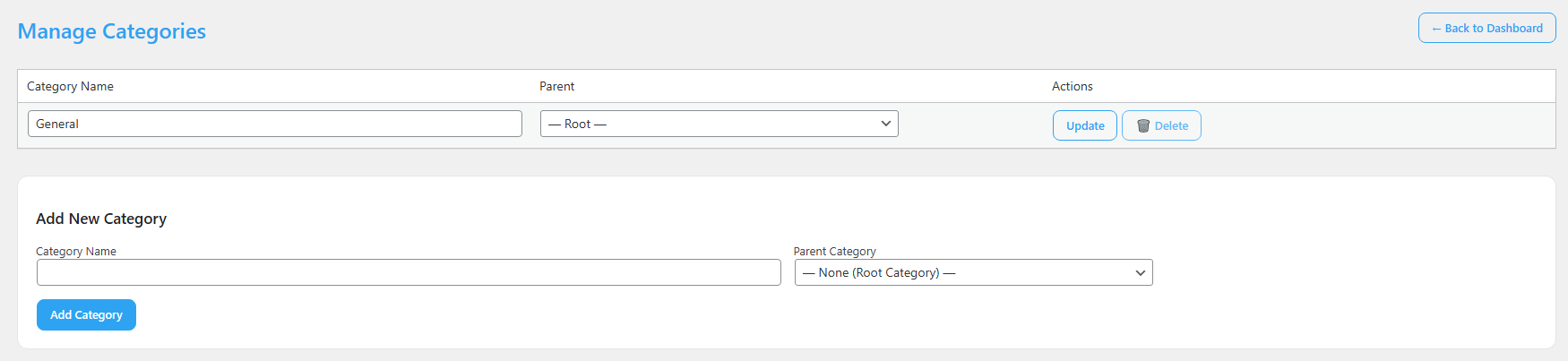 The Manage Categories screen showing an existing General category with Update and Delete buttons, and an Add New Category form with Category Name and Parent Category fields and an Add Category button.