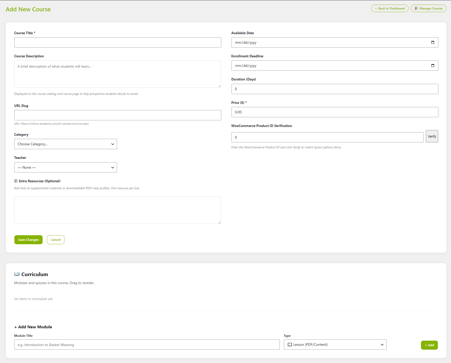 The Add New Course form showing a required Price field, a WooCommerce Product ID Verification field with a Verify button, and Available Date, Enrollment Deadline, and Duration Days fields.