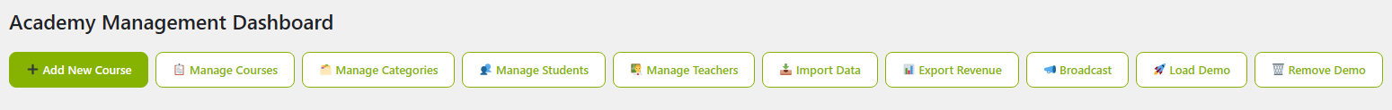 The Academy Management Dashboard action bar with an Export Revenue button alongside Add New Course, Manage Courses, Manage Categories, Manage Students, Manage Teachers, Import Data, Broadcast, Load Demo, and Remove Demo.