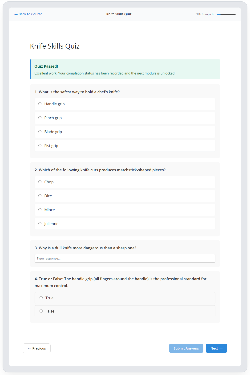 The quiz results screen showing a Quiz Passed banner and the unlocked-next-module confirmation message.
