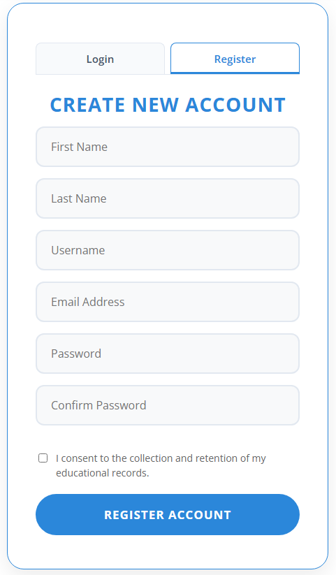 The Create New Account screen with fields for First Name, Last Name, Username, Email Address, Password, and Confirm Password, a consent checkbox, and a Register Account button.