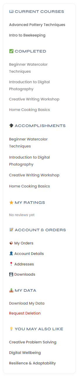 The My Account view of the same My Courses dashboard, with a CURRENT COURSES sidebar and Resume buttons for each enrolled course.