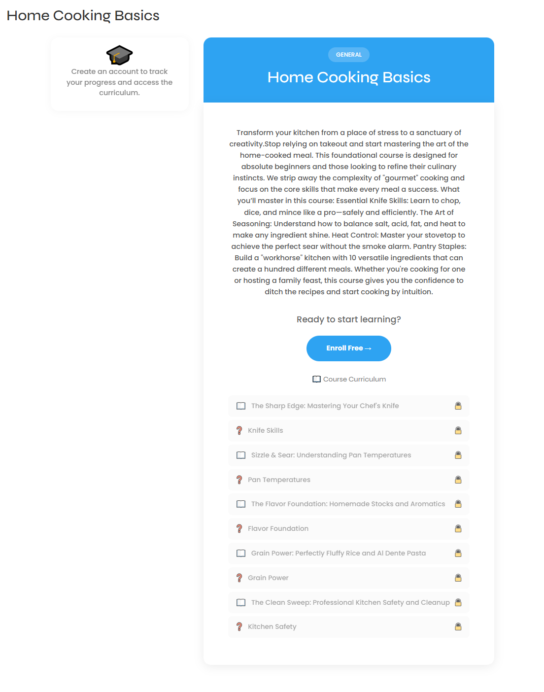 A course preview page with the course description, an Enroll Free button, and a locked curriculum list.