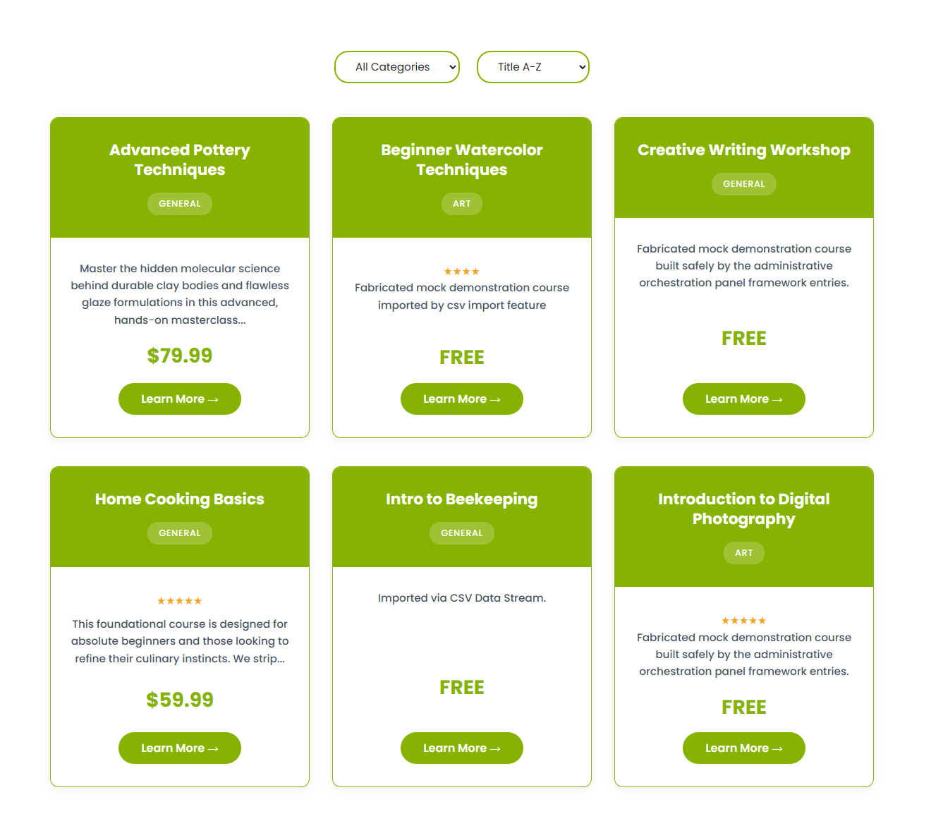 Voltora Academy Pro Course Catalog screen showing a clean grid of available courses with title, short description, category, rating, free or the price along with sort by category or by title.