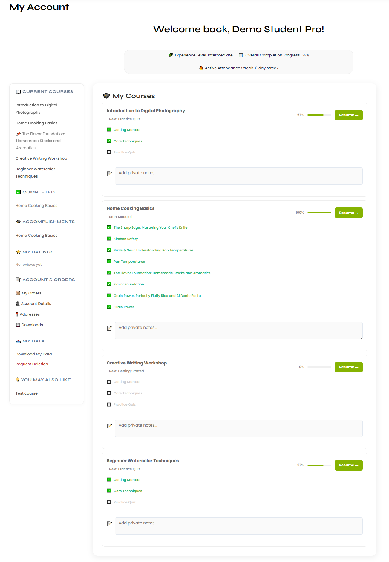 Voltora Academy Pro Student Portal (or may be called My Account) displaying all current courses with progress, quick access, completed courses, bookmarks, accomplishments, gamification, and data management options.